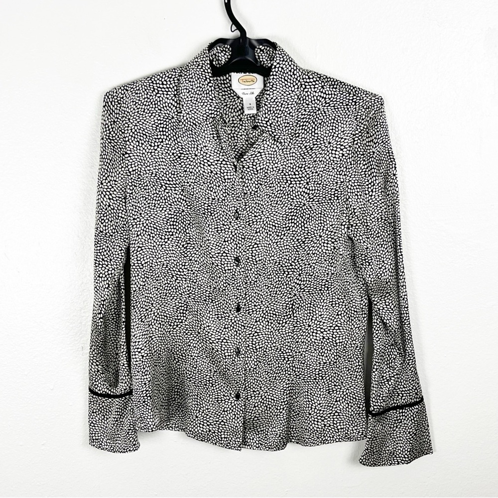 TALBOTS 100% Silk Black Speckled Long Sleeves Button Career Office Blouse Size 4